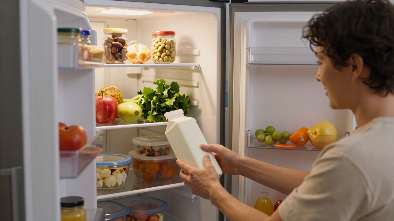 Person holding a milk carton in front of an open fridge filled with fresh fruits, vegetables, and jars.