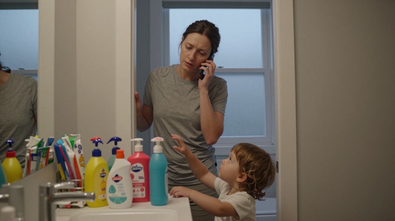 Woman on phone in bathroom, child reaching for assorted bottles on sink, window in background.