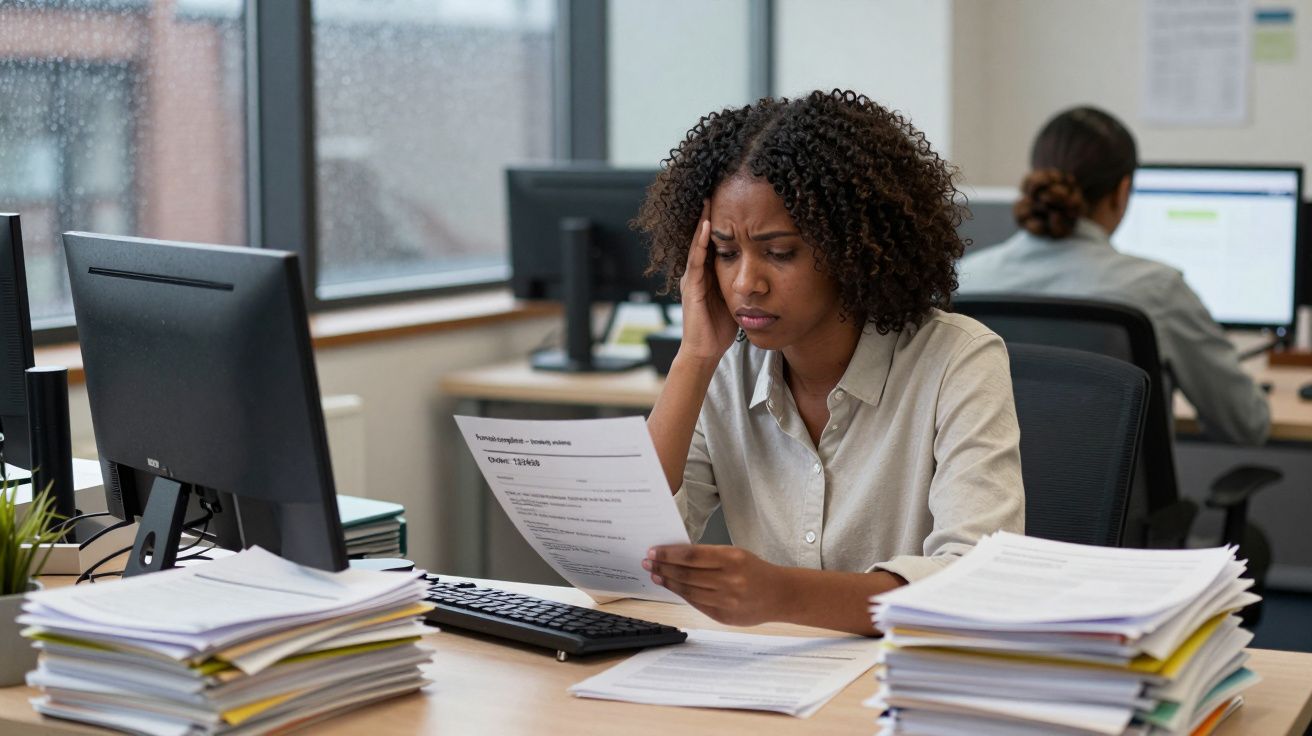 Woman looking stressed at paperwork in an office, with computer and piles of documents on the desk.