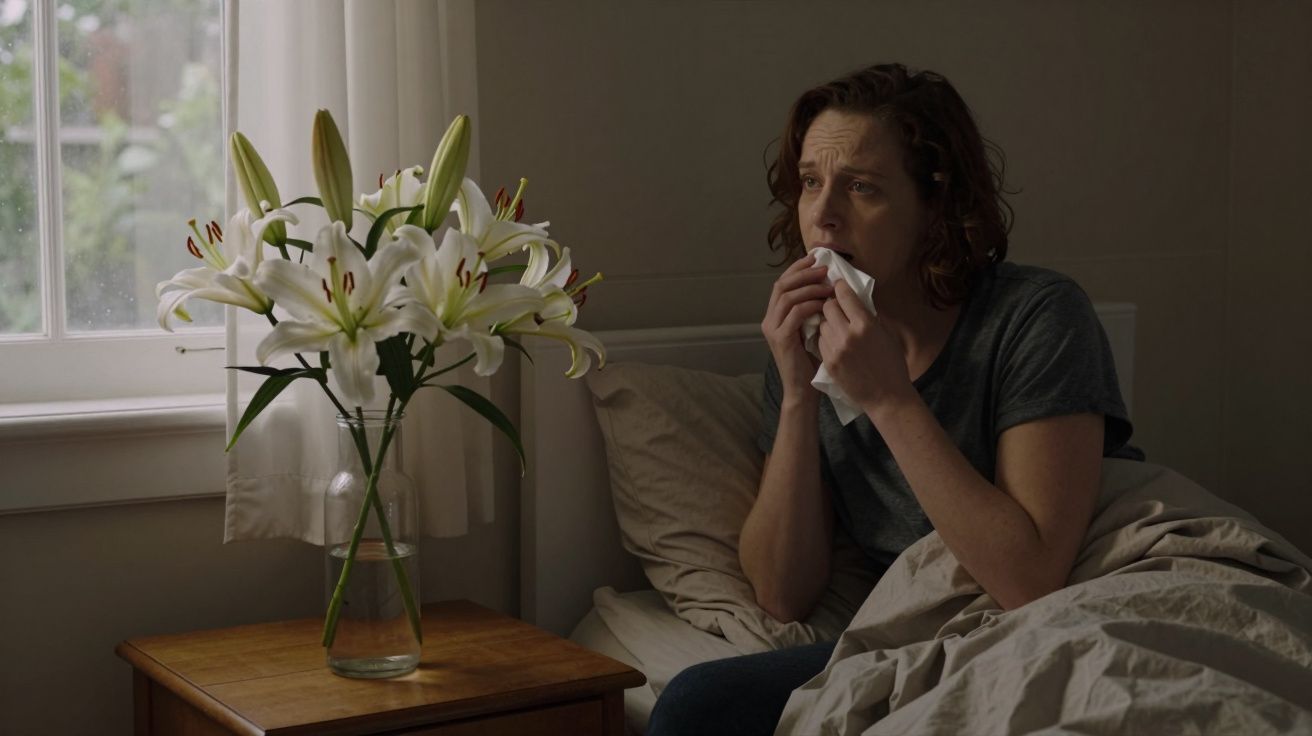 Woman in bed holding a tissue, beside a table with white lilies in a vase near a window.