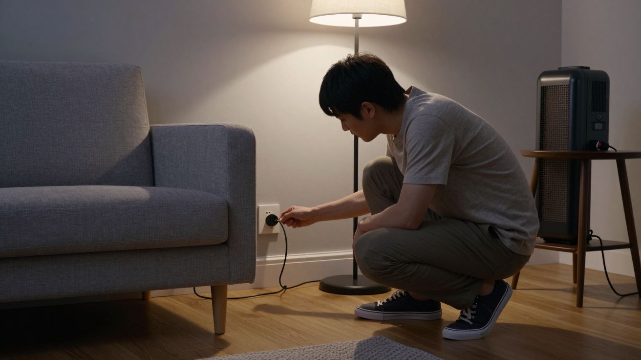 Person in a living room plugging a device into a wall socket near a sofa and a standing lamp.