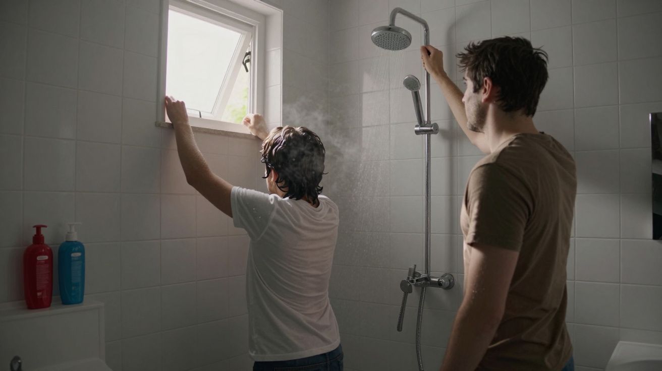 Two people in a tiled bathroom, one opening a window while the other stands near a shower with steam around.