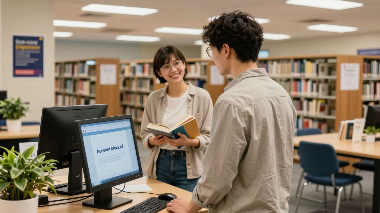 Two people in a library, one holding a book and smiling, the other using a computer showing an "Account blocked" message.