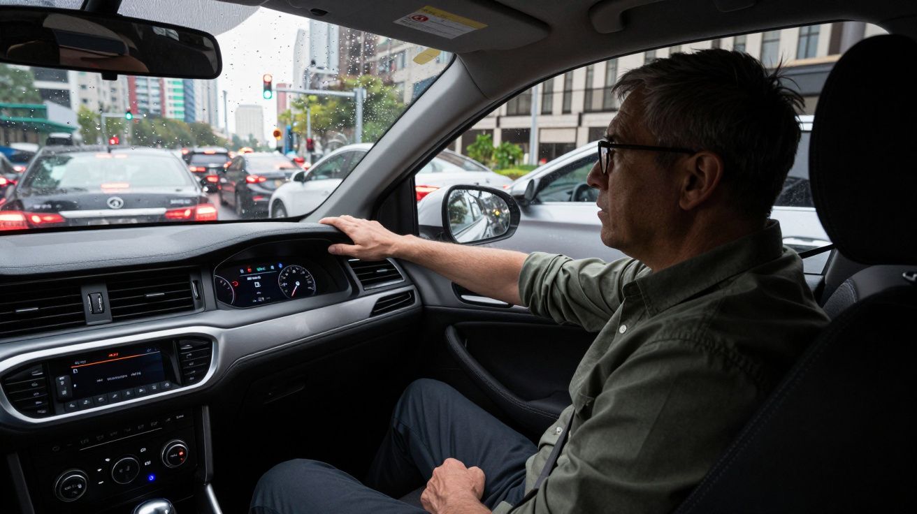Man driving in traffic, interior view of car dashboard, cloudy cityscape through window.