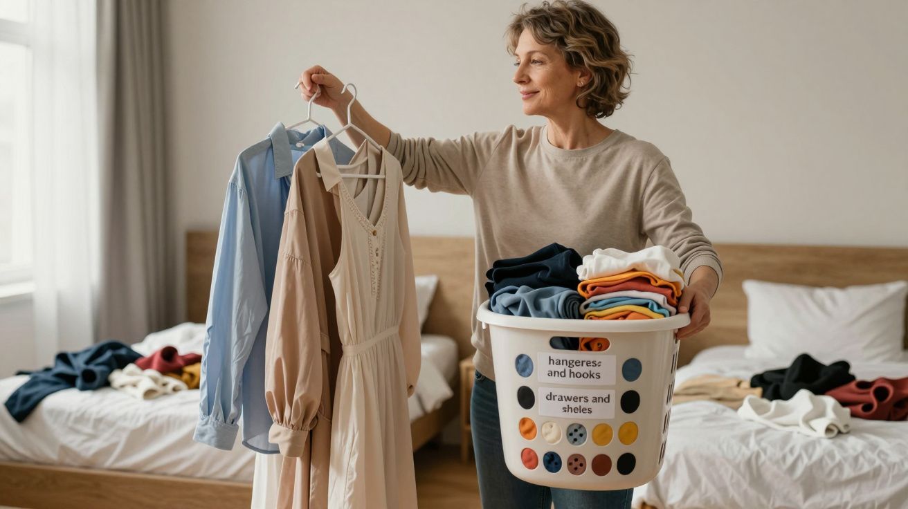 Woman holding a laundry basket and hangers with clothes in a tidy bedroom.