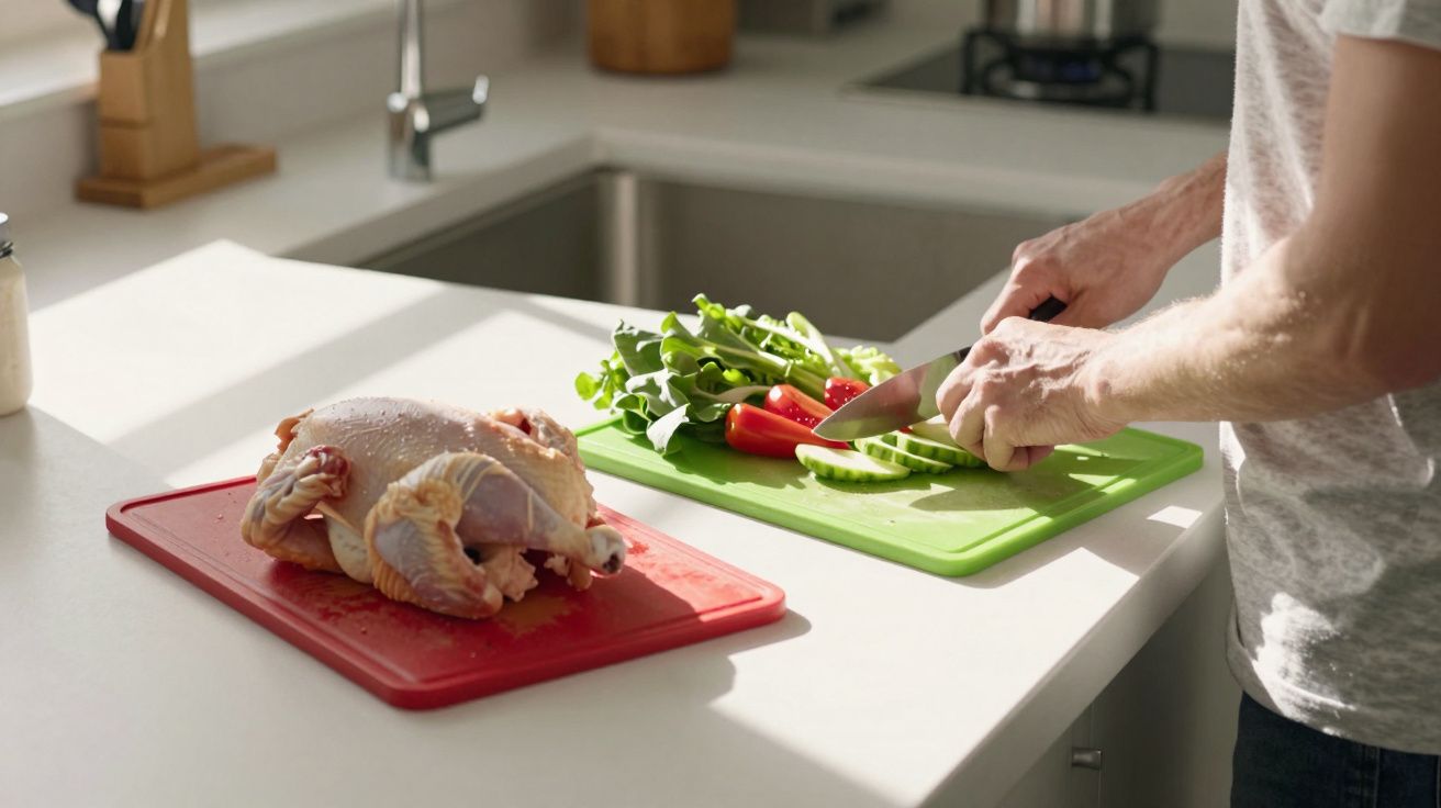Person chopping vegetables on a green board next to a whole chicken on a red board in a kitchen.