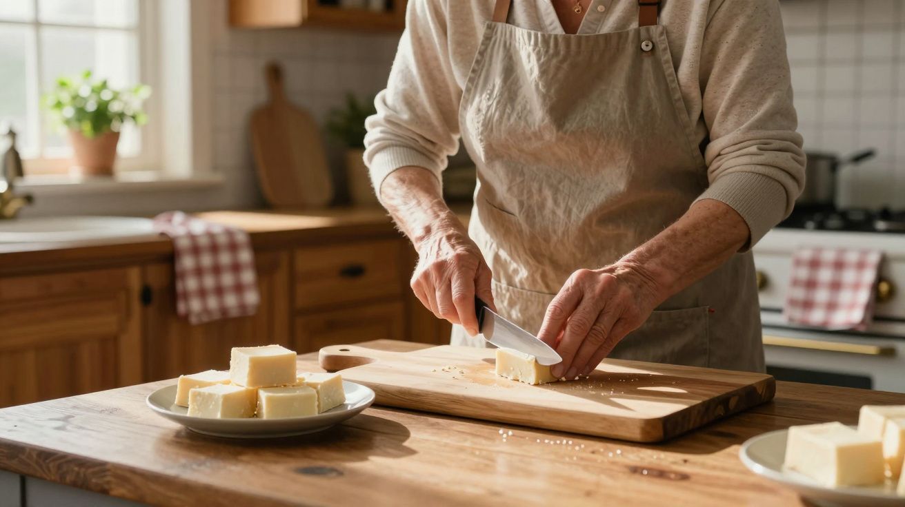Person in apron slicing butter on a wooden board in a sunlit kitchen.