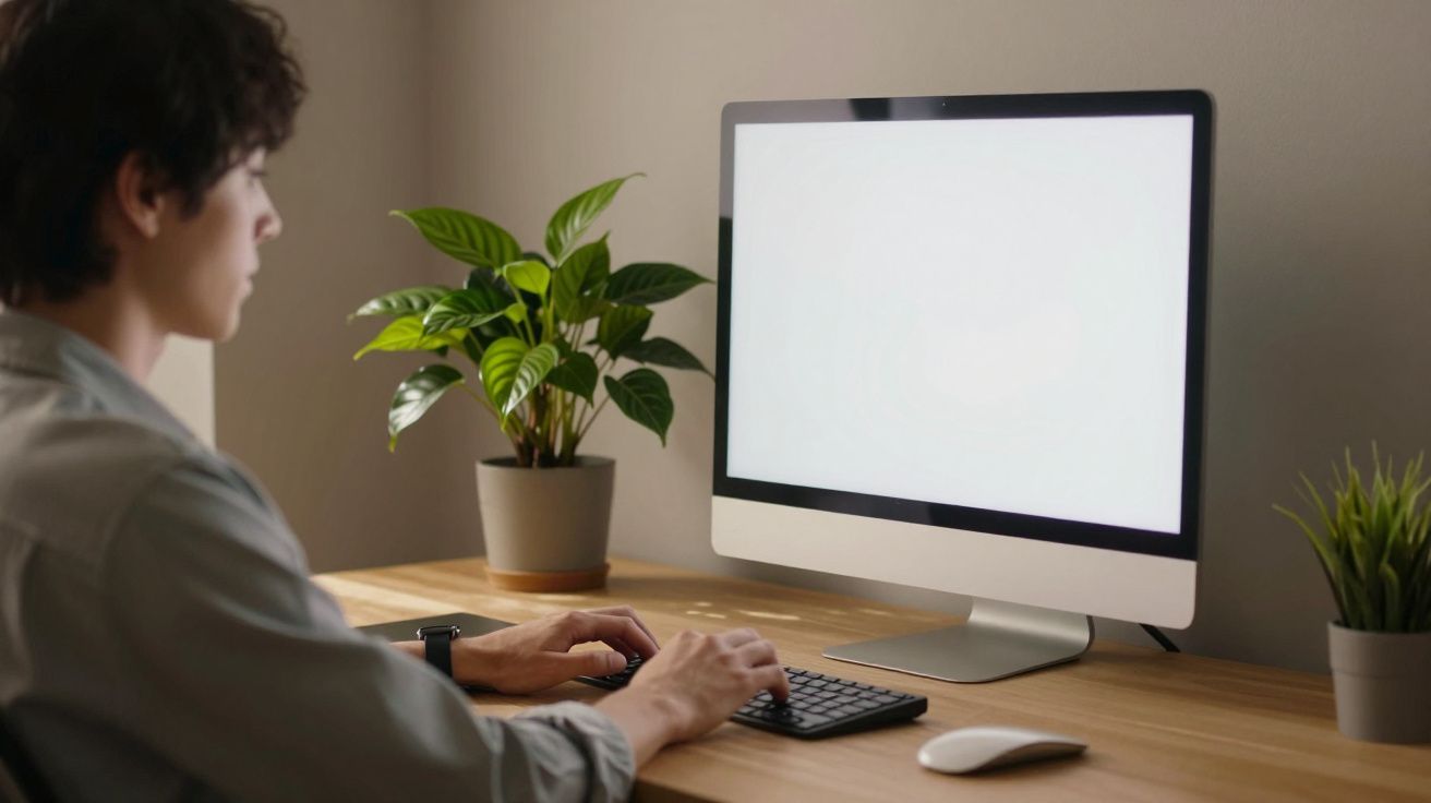 Person using a desktop computer with a blank screen, sitting at a wooden desk with green plants nearby.