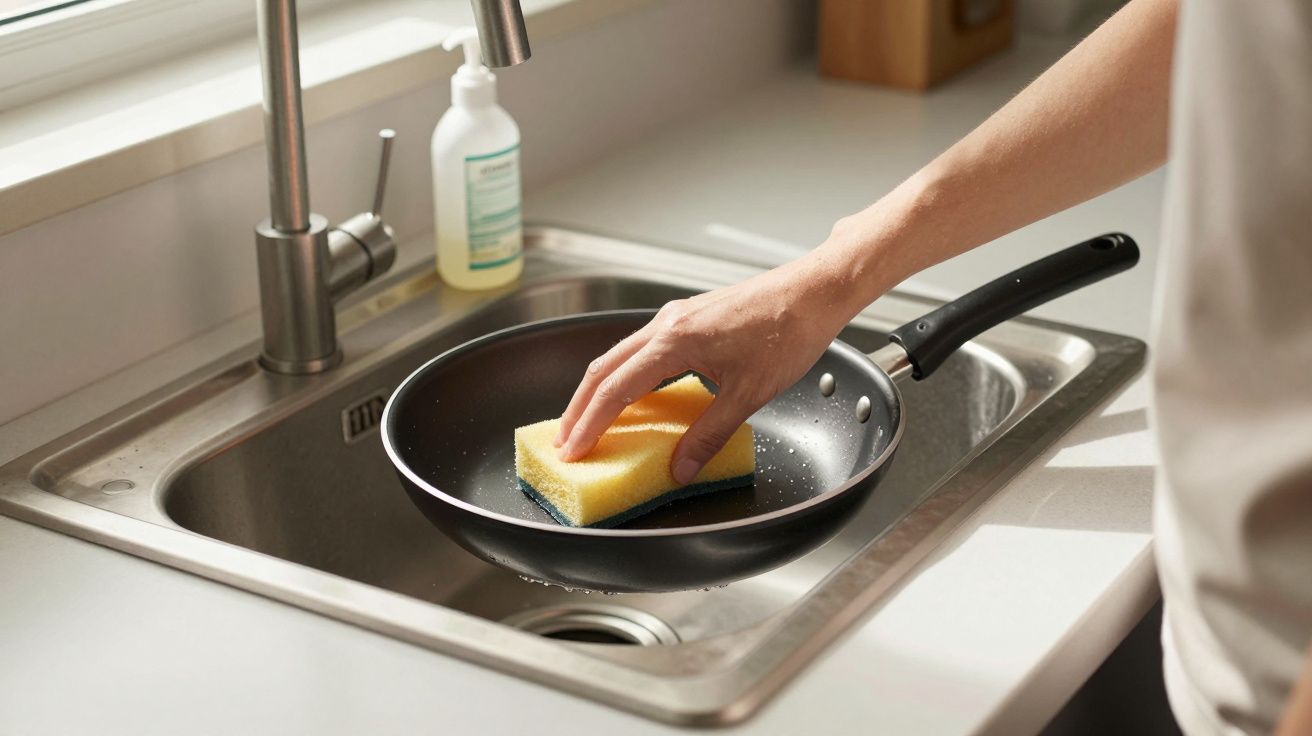Person cleaning a frying pan with a sponge in a kitchen sink.