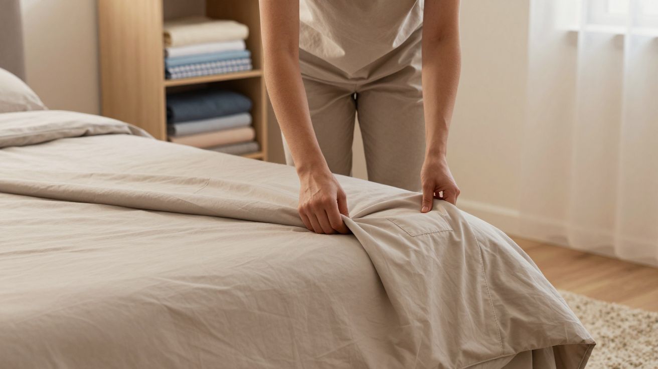 Person making a bed with beige sheets in a brightly lit bedroom.