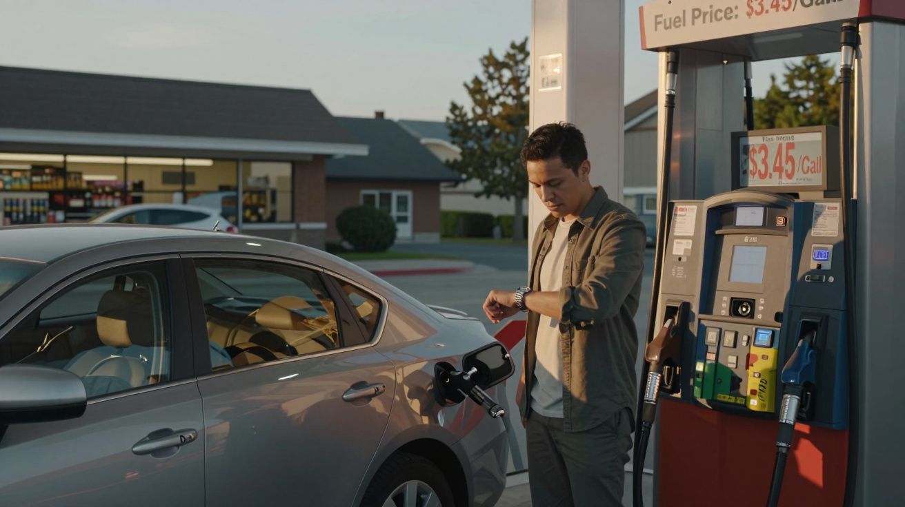 Man refueling a car at a petrol station, checking his watch, with a fuel price sign in the background.
