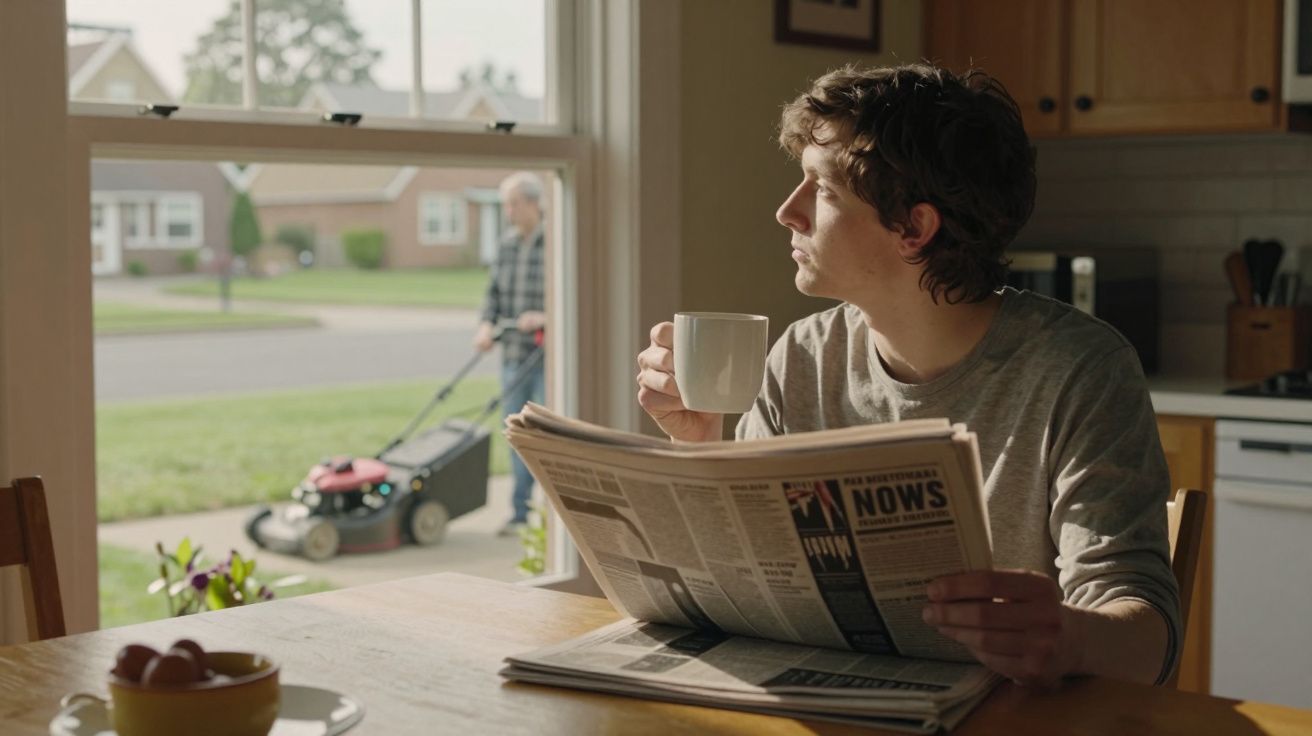 Man in kitchen drinks coffee, reads newspaper, looks outside; another person mows lawn. Bright morning light.