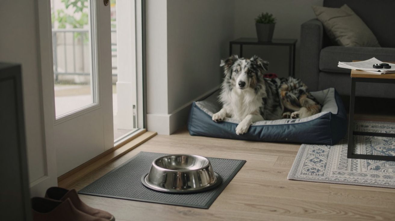 Dog lying on a blue bed in a living room next to a window and empty metal food bowl on a mat.