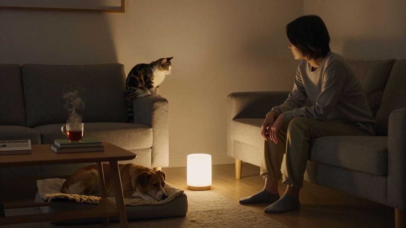 Woman sitting on sofa looks at cat; a dog sleeps nearby with a warm lamp and steaming cup on the coffee table.