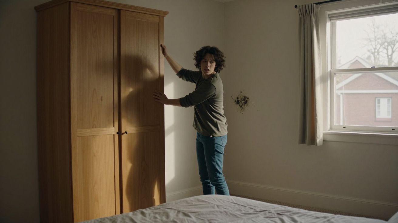 Person opening a wooden wardrobe in a bright bedroom, with a window and light curtain on the right.
