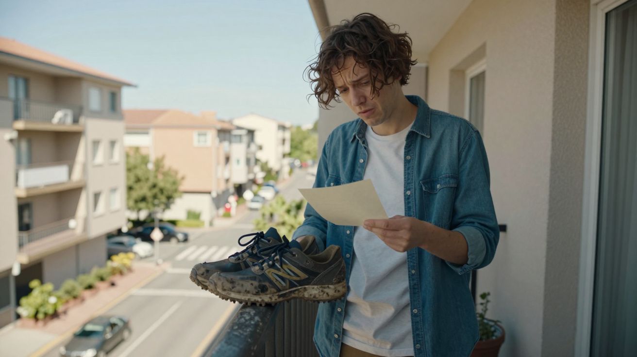 A man on a balcony holds a muddy trainer and paper, with residential street and houses in the background.