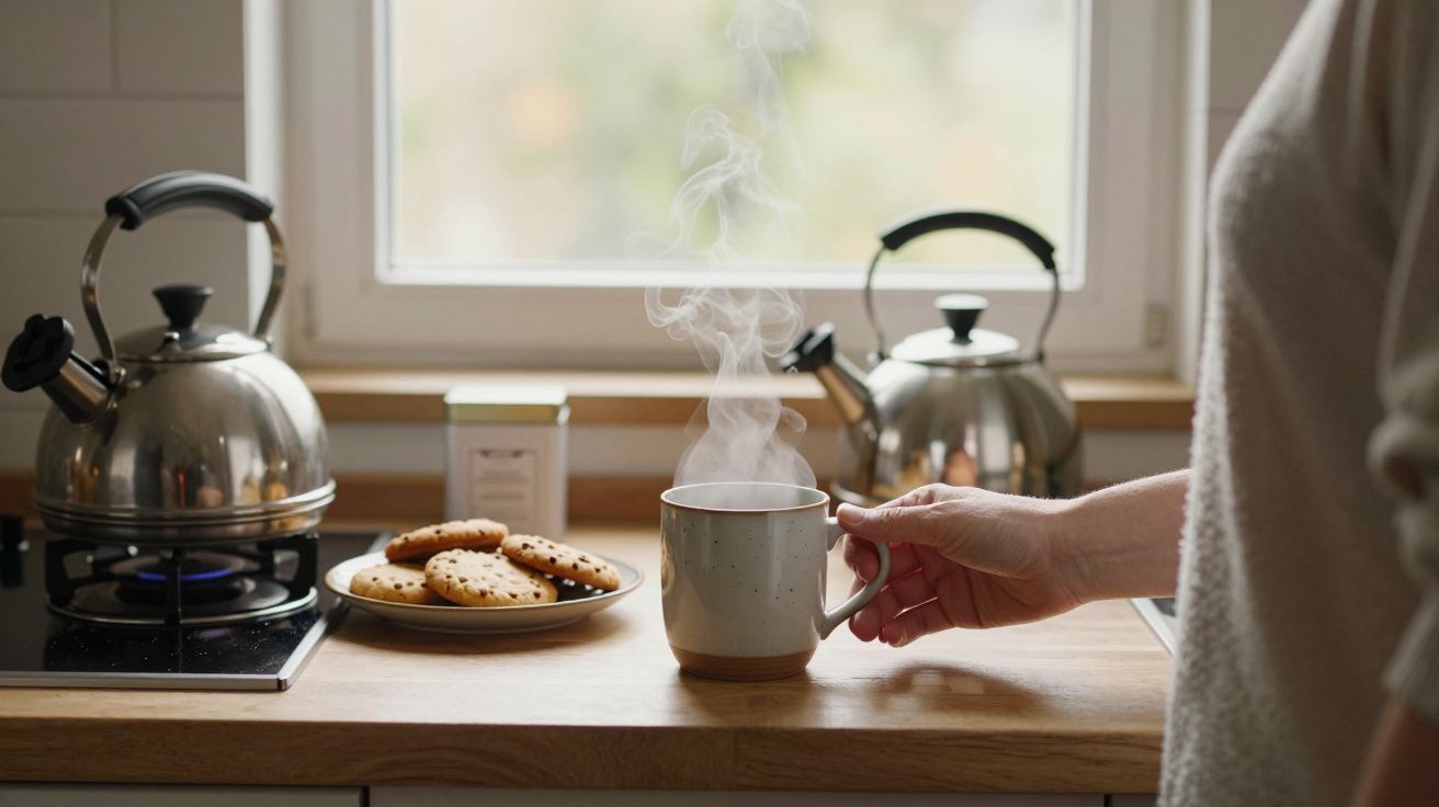 Hand holding steaming mug next to plate of cookies and kettles on a kitchen counter.