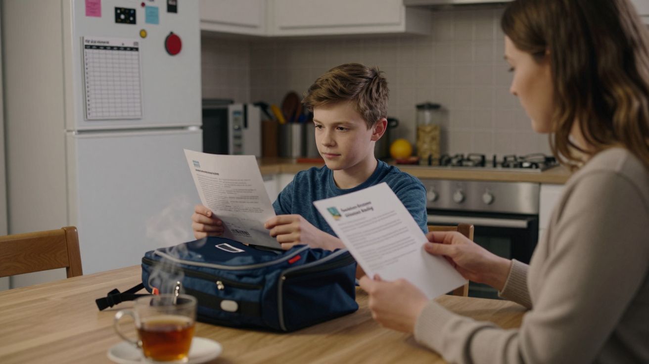 Mother and son sitting at a kitchen table, reviewing papers with a backpack, tea, and school visible in the background.