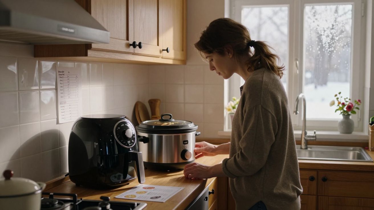 Woman in a kitchen using a slow cooker on a wooden counter beside an air fryer, with snow visible through the window.