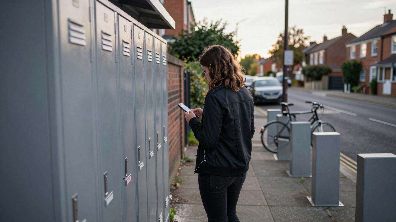 Person using a smartphone in front of outdoor lockers on a residential street with a parked bicycle nearby.