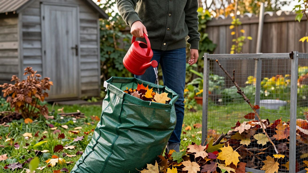 Person watering a bag of autumn leaves in a garden, near a compost bin and shed.