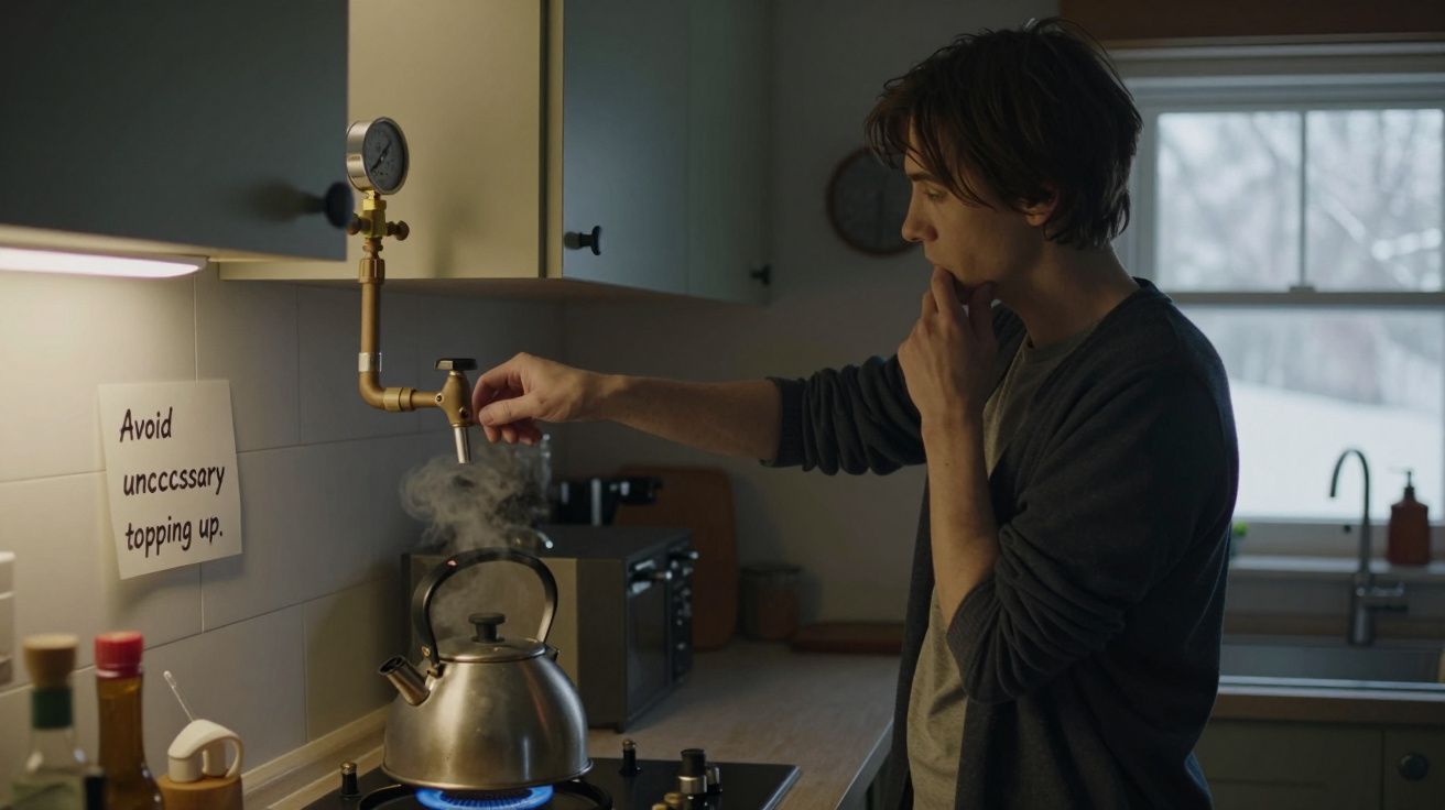 Person in kitchen refilling kettle on stove, steam rising, sign reads "Avoid unnecessary topping up."