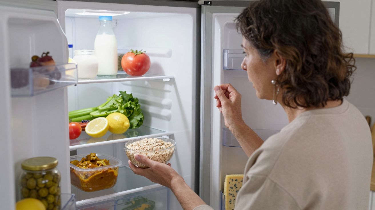 Woman looking into a fridge with vegetables, milk, juice, and jars on shelves, holding a bowl of oats.