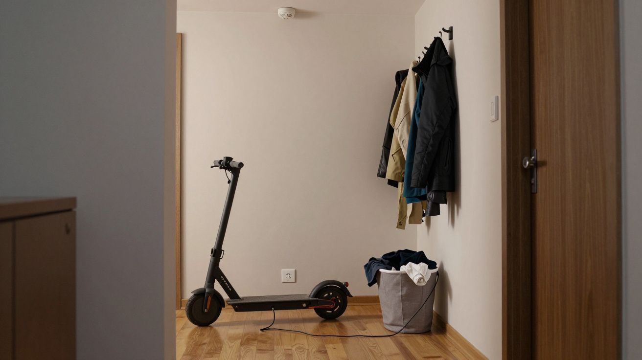 Electric scooter in a hallway with coats hanging and a laundry basket on a wooden floor.