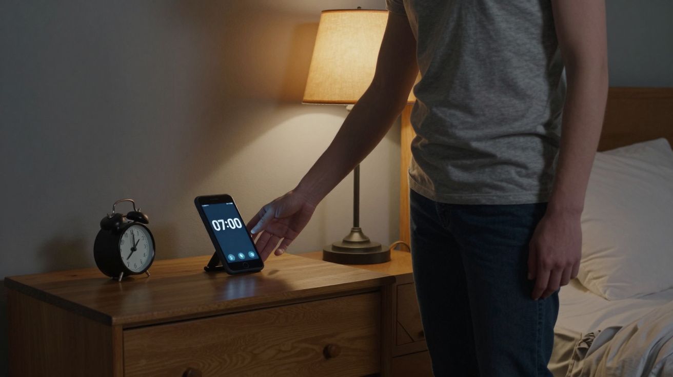 Person turning off phone alarm on a bedside table, next to a lamp and an analogue clock showing 7:00.