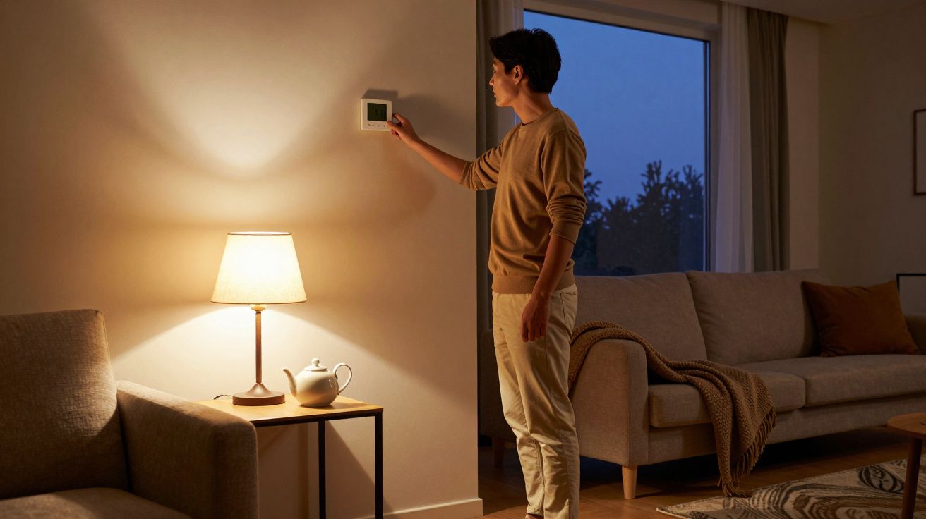 Man adjusting thermostat on wall in cosy living room with a lamp, sofa, and outdoor view through window.