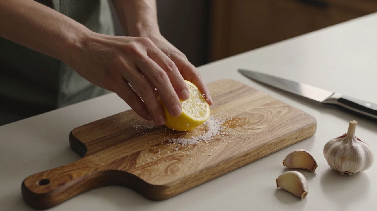 Hands squeezing lemon on salt-covered chopping board, near garlic cloves and a knife.